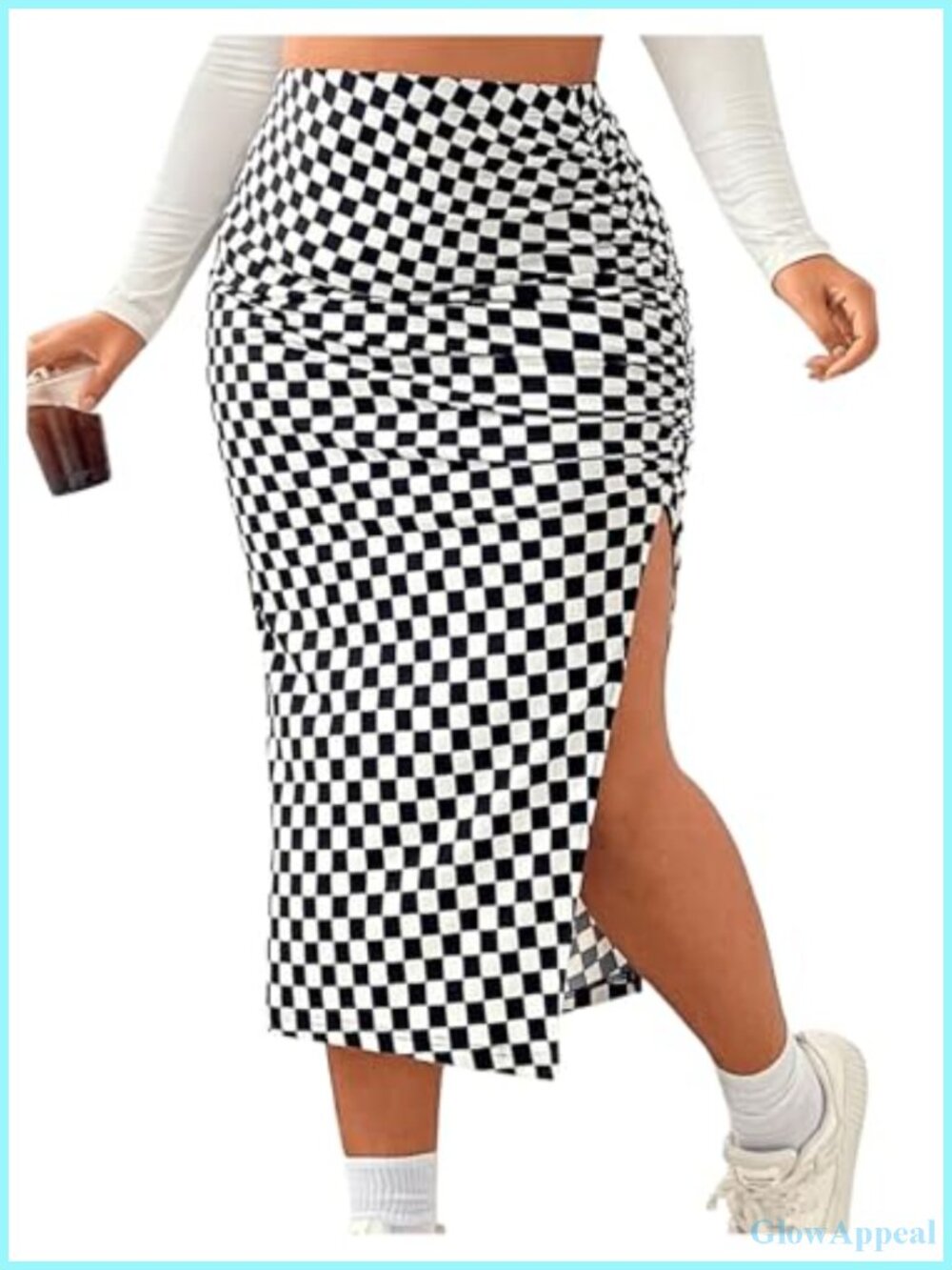 Plus Size Checkered Split Midi High Waist Pencil Skirt Bodycon